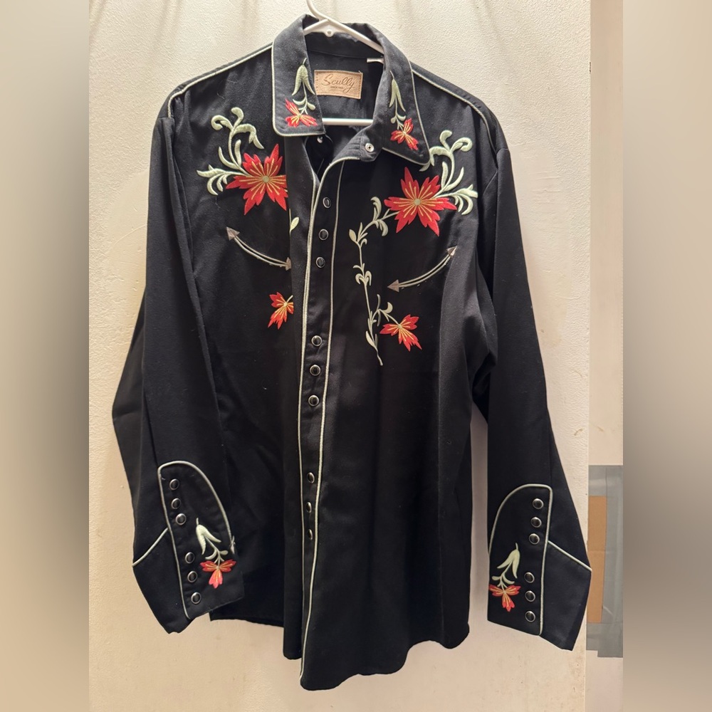 Scully Elegant Black Embroidered Western Shirt.